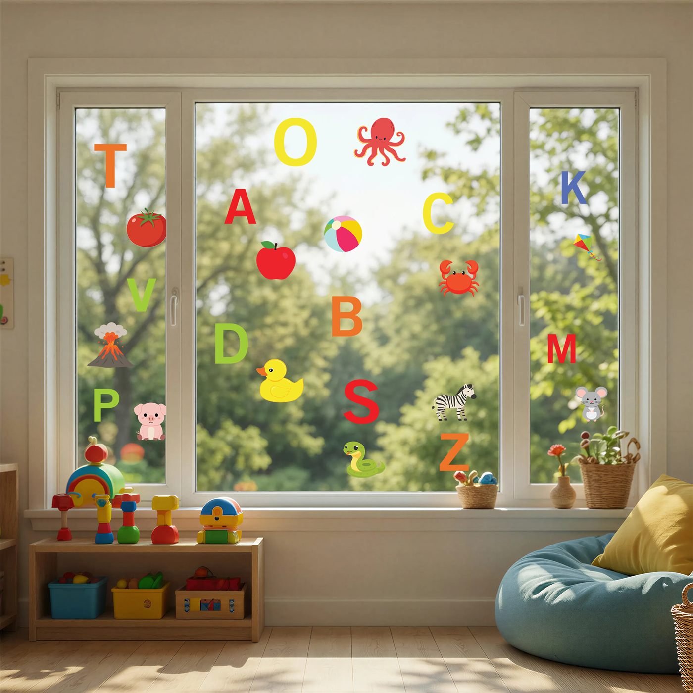 ABC Alphabet window clings — colorful letters and matching pictures on a playroom window