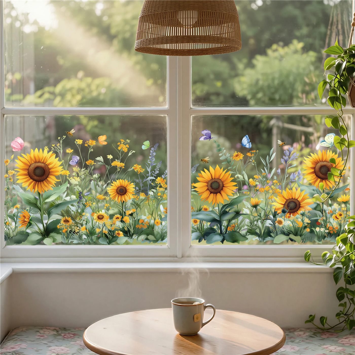 Sunflower meadow window clings across a sunny breakfast nook window