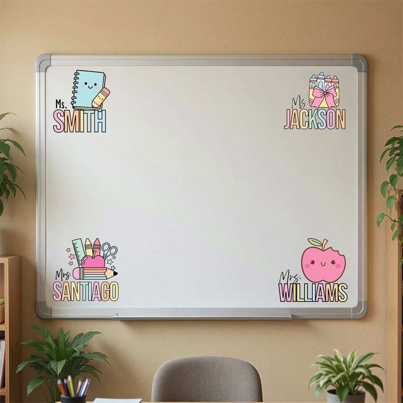 Personalized teacher name clings on a classroom whiteboard