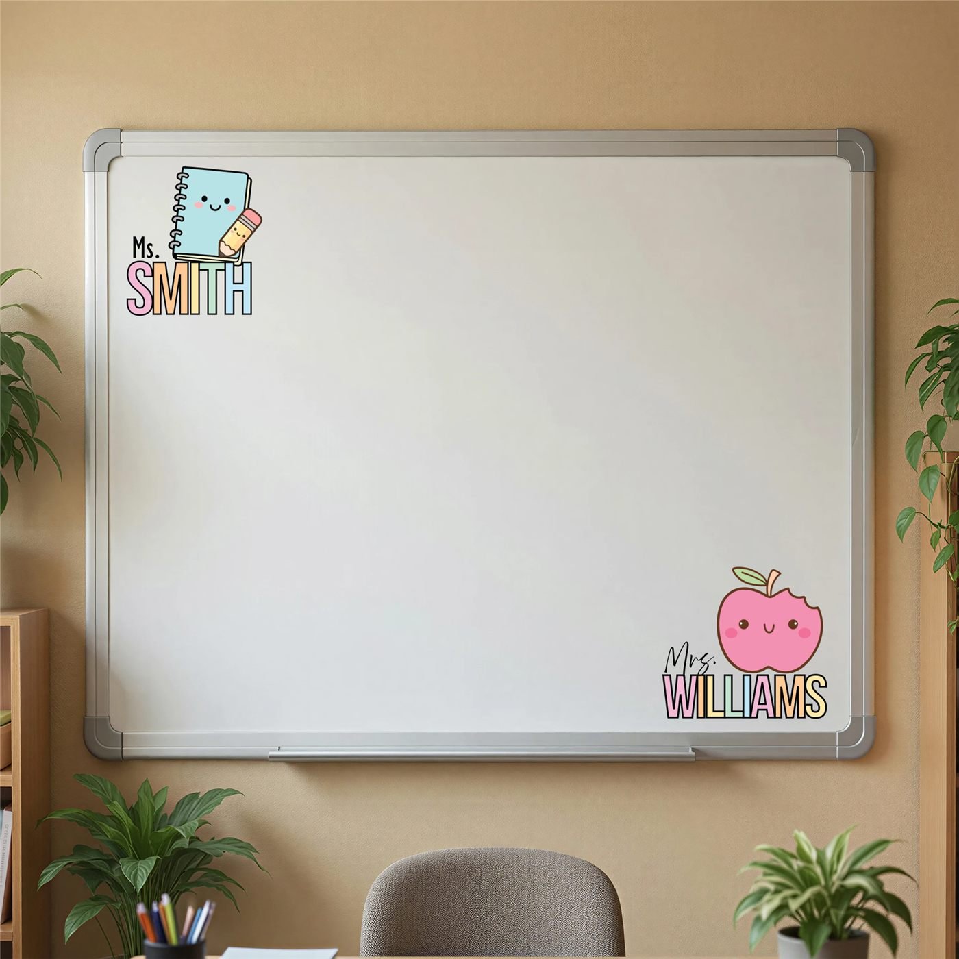Personalized teacher name clings on a classroom whiteboard