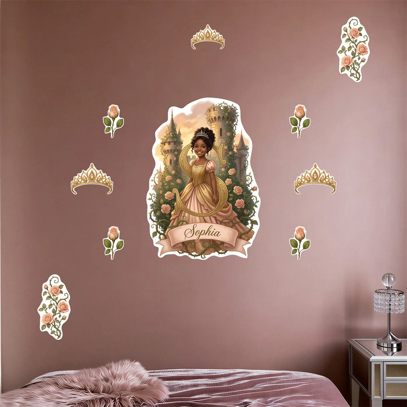 Personalized princess wall decal set with her name and monogram on a girls bedroom wall — Briar Rose rose-castle theme