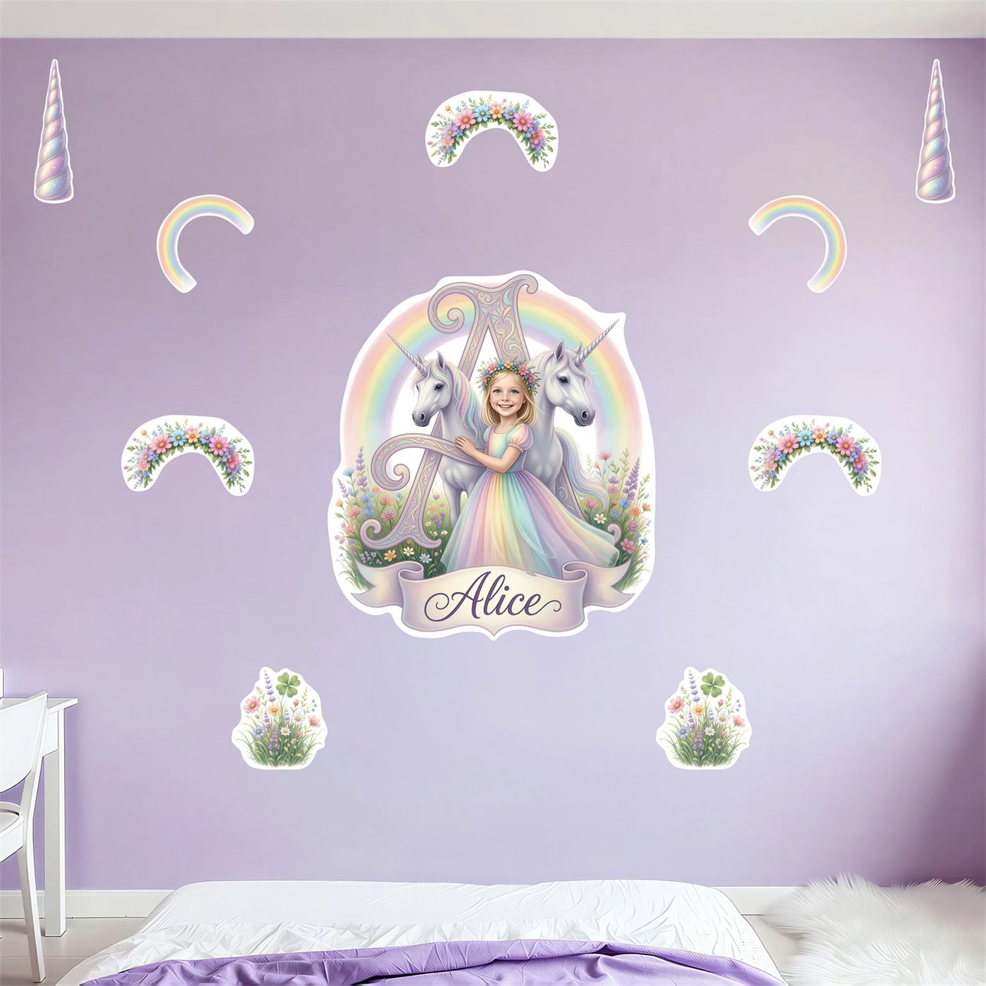 Personalized unicorn princess wall decal set with rainbow and wildflower accents on a girls bedroom wall