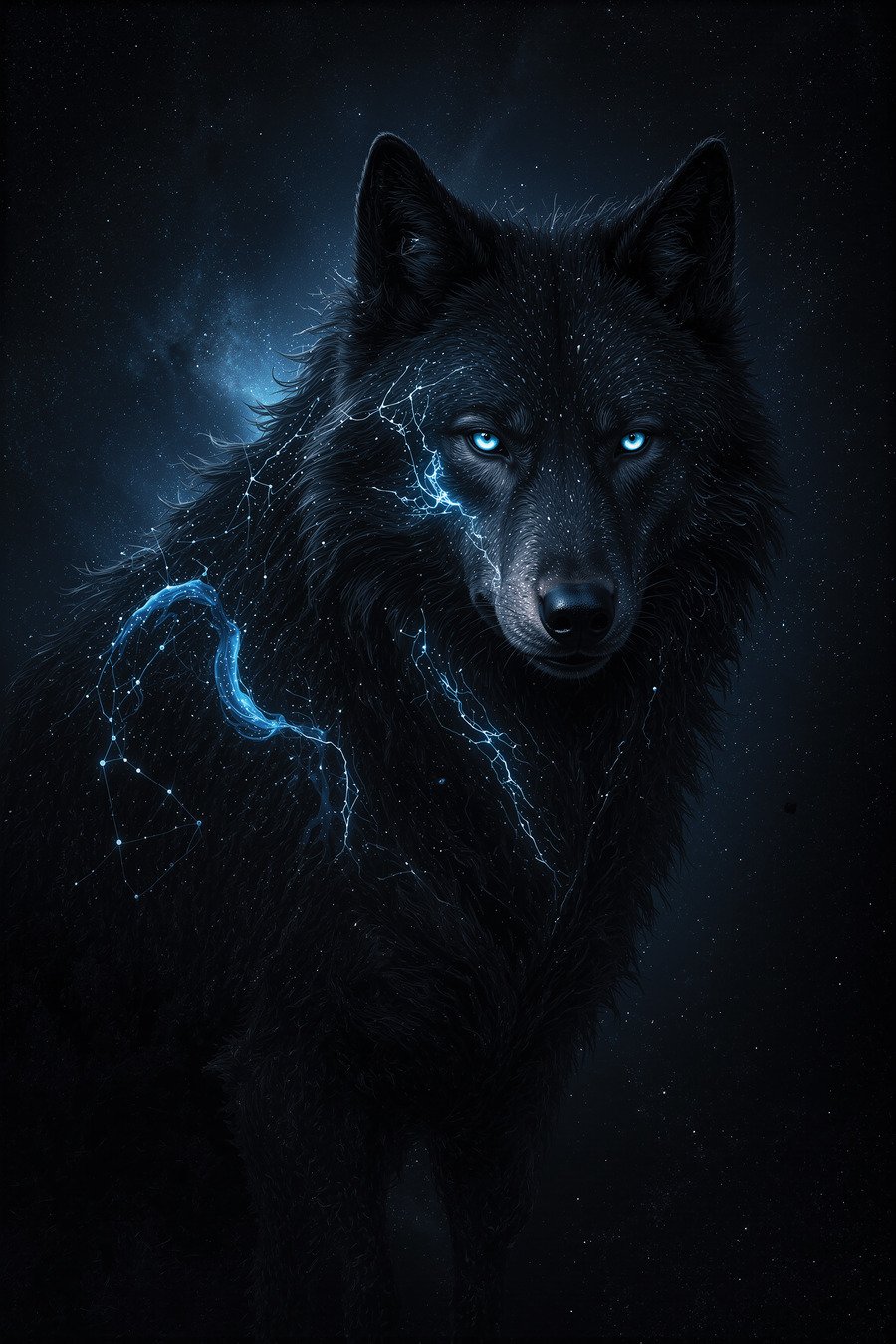 The Guide — a black wolf in the dark with constellation lines burning across its face and a ribbon of blue nebula down its shoulder, framed on a lit concrete wall