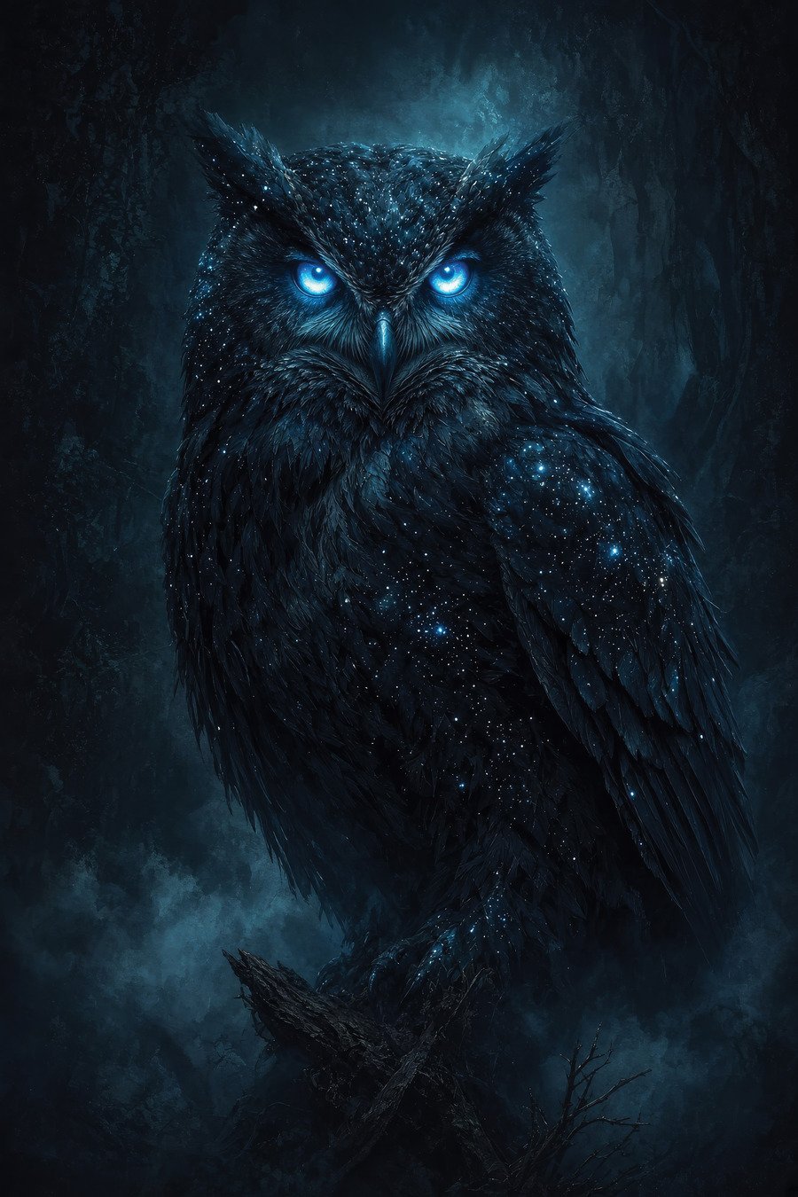 The Watcher — a great horned owl on a broken branch, its plumage packed with galaxies and two enormous glowing blue eyes, framed on a lit concrete wall