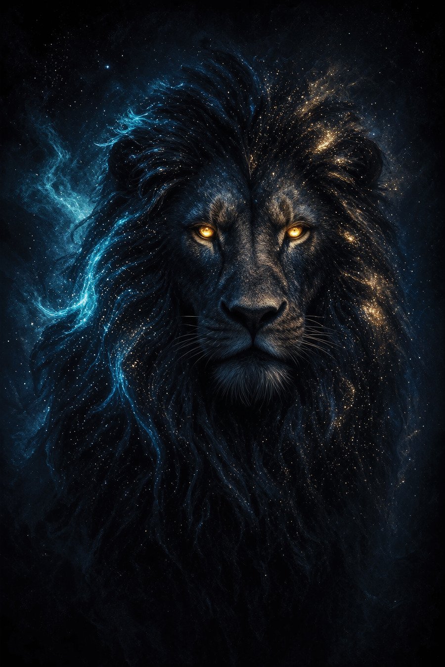 The Sovereign — a black lion facing forward with amber-gold eyes, half its mane blue nebula and half gold star clusters, framed on a lit concrete wall