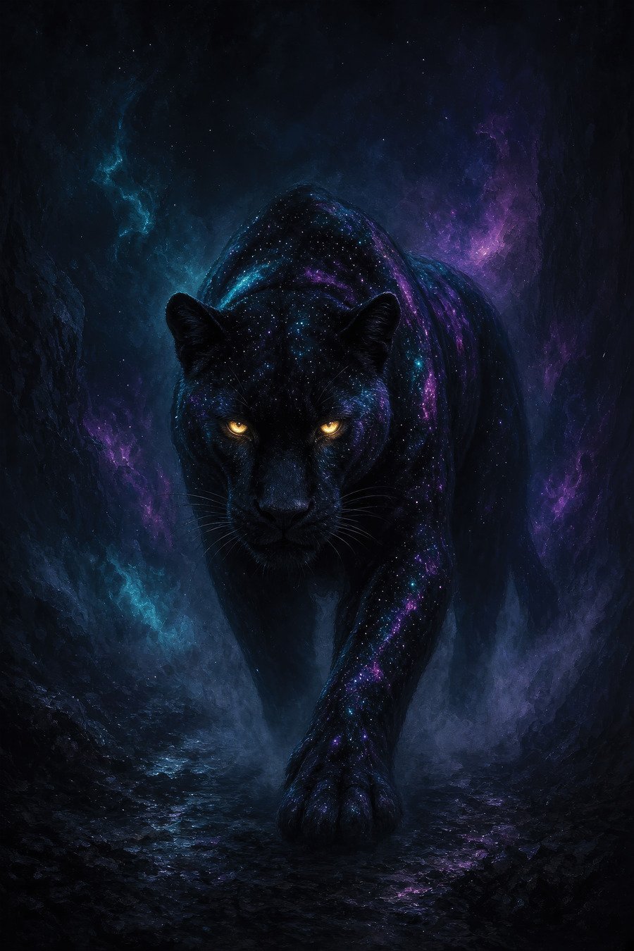 The Shadow — a black panther walking down a rocky corridor with gold eyes and a violet-and-teal galaxy under its skin, framed on a lit concrete wall