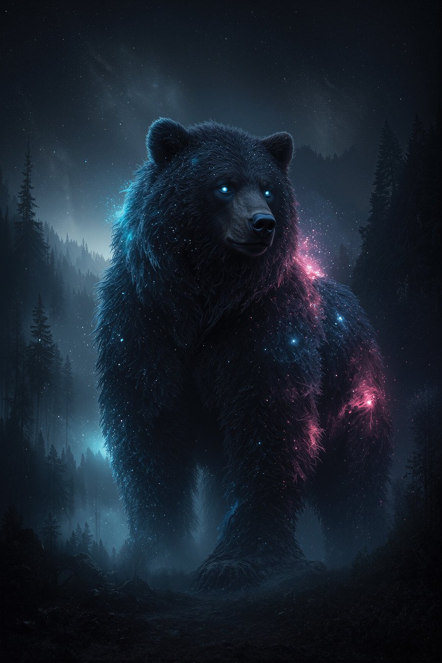 The Guardian — an enormous bear in a starlit pine forest with magenta and rose nebula burning along its flank, framed on a lit concrete wall