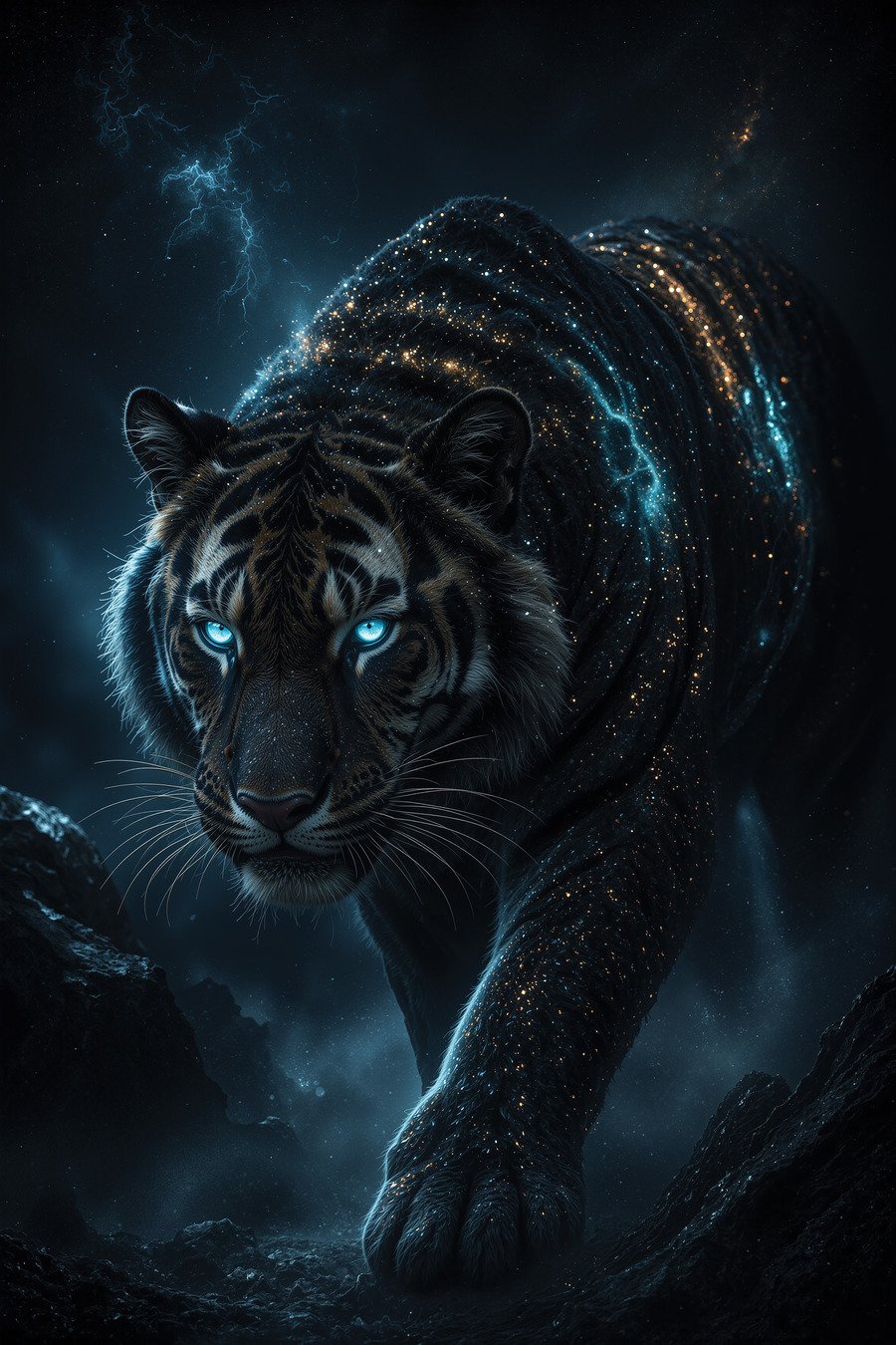 The Flame — a tiger coming down over dark rock with ice-blue eyes and gold stardust burning along its stripes, framed on a lit concrete wall