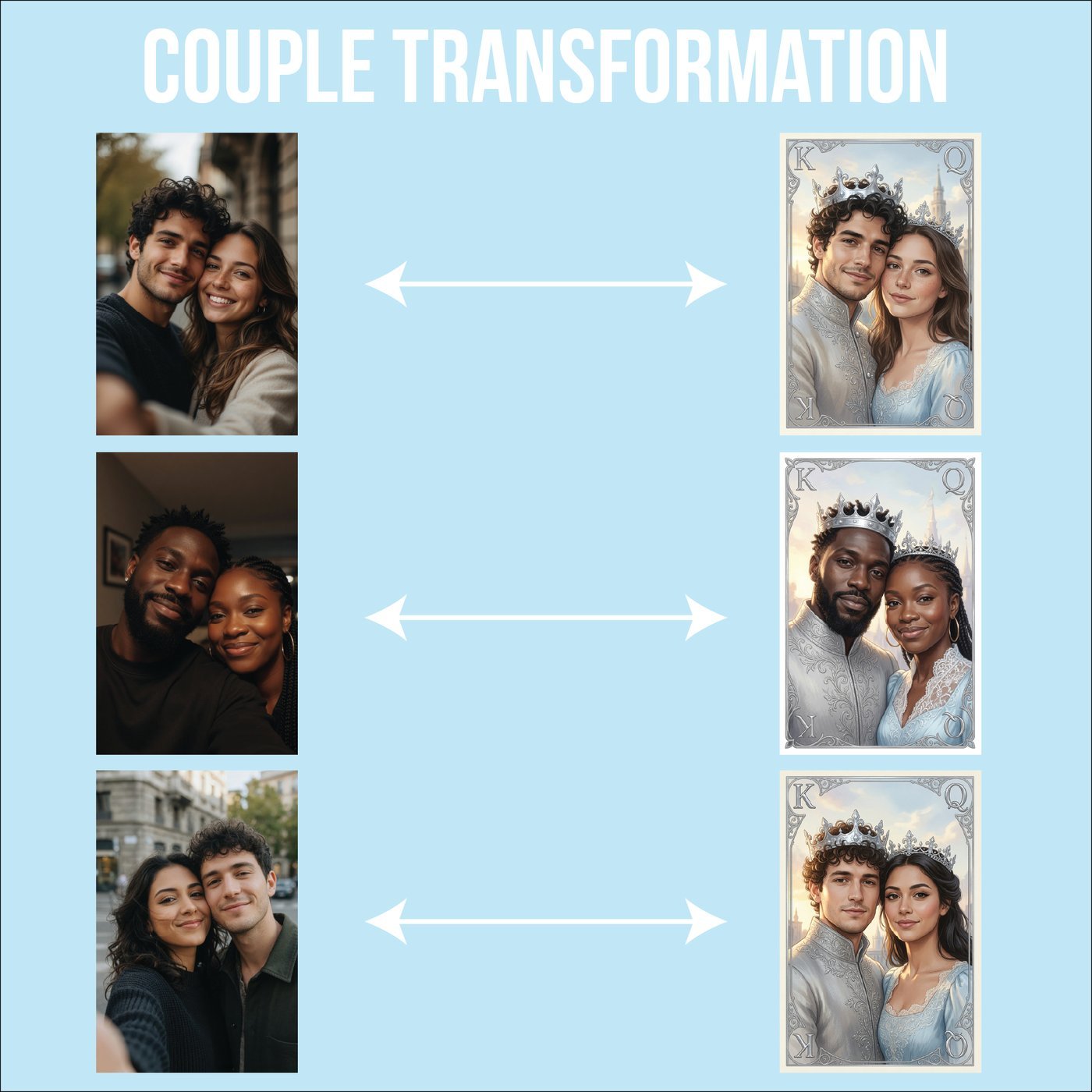 Couple transformation — a phone photo of a couple becomes a King and Queen playing card poster