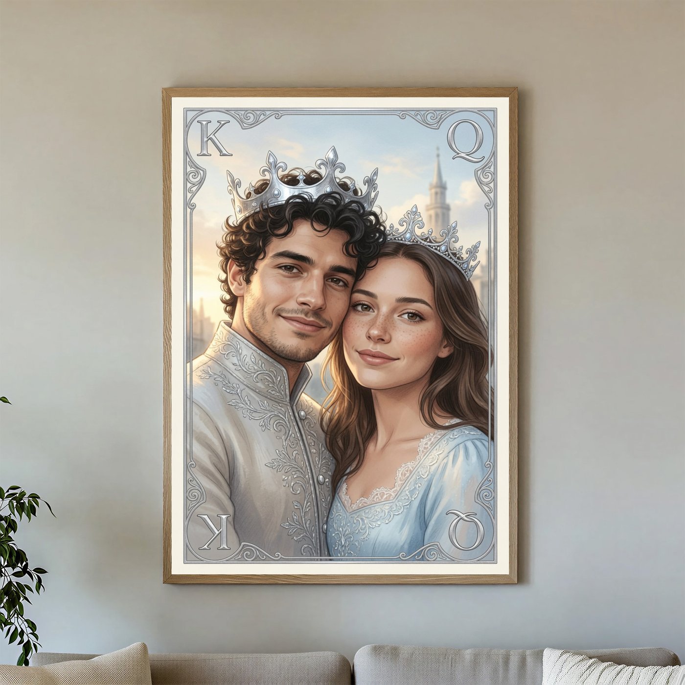 Personalized King and Queen card poster framed above a living room sofa