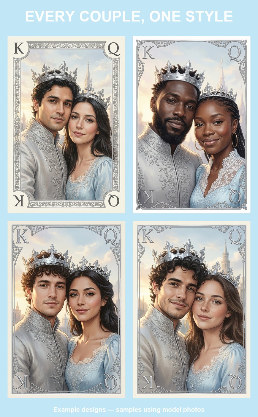 Four example King and Queen card posters showing different sample couples
