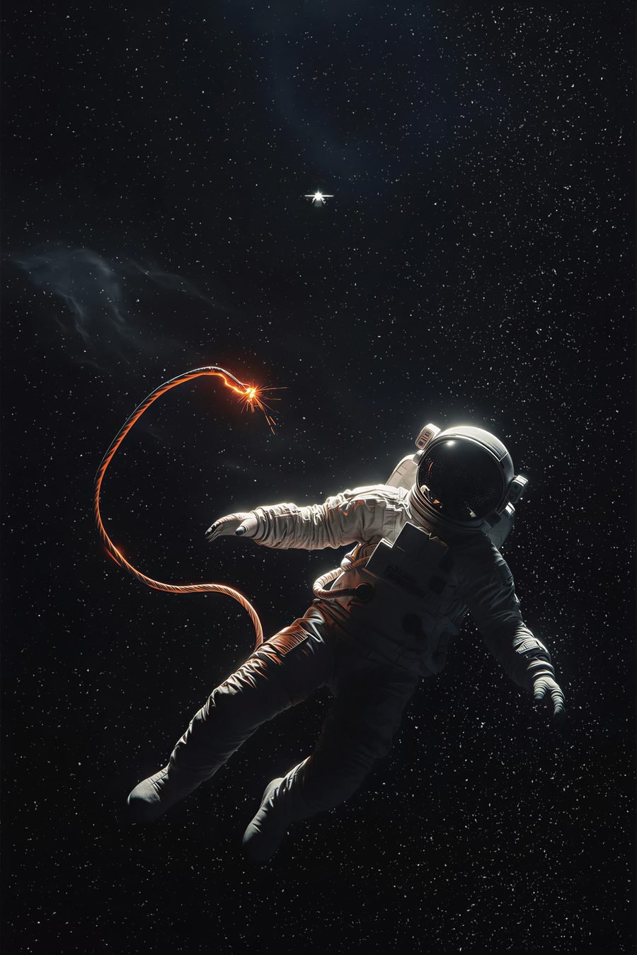 The Letting Go — astronaut drifting into the void with a severed ember tether