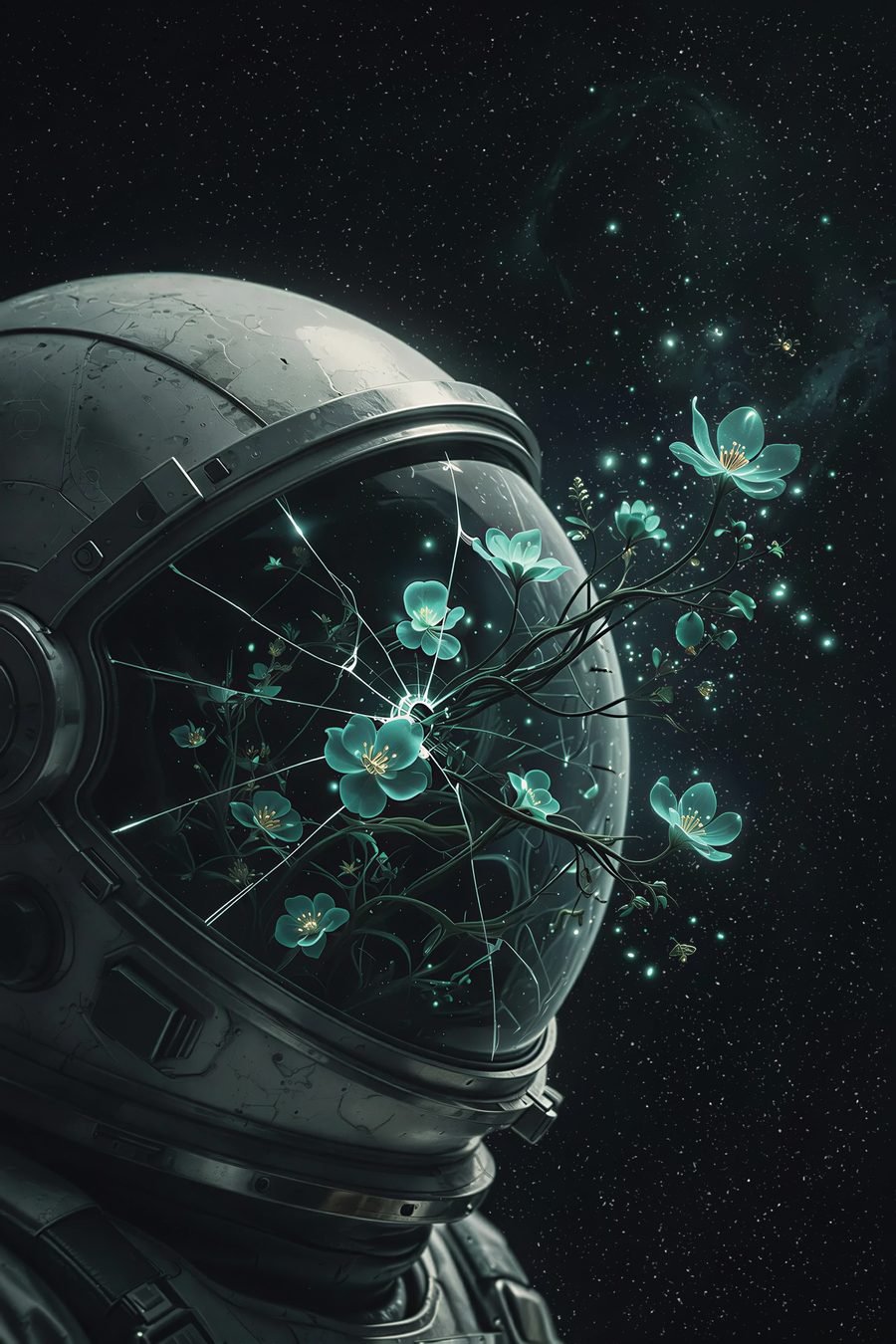 Event Bloom — cracked astronaut visor blooming with glowing teal flowers