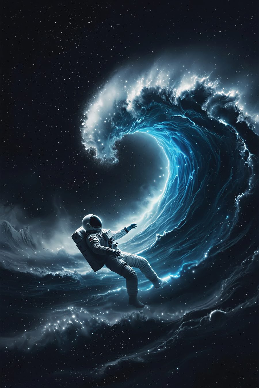 The Swimmer — astronaut backstroking through a cresting wave of stars