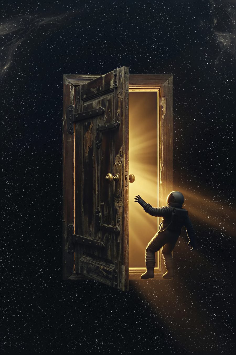 The Door — astronaut reaching for a glowing golden door in space
