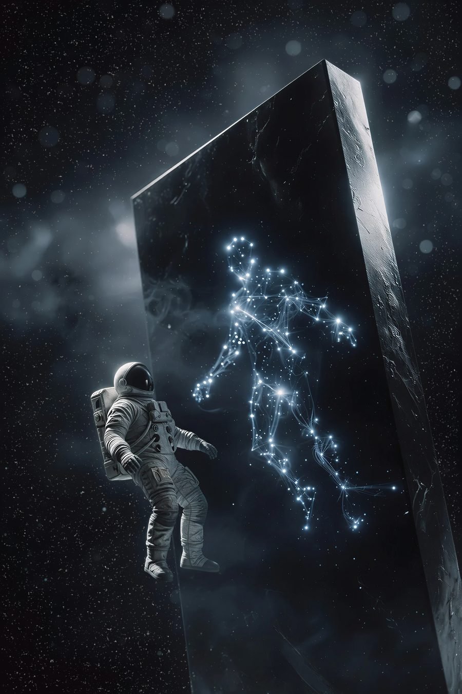 The Mirror — astronaut facing an obsidian monolith reflecting a constellation
