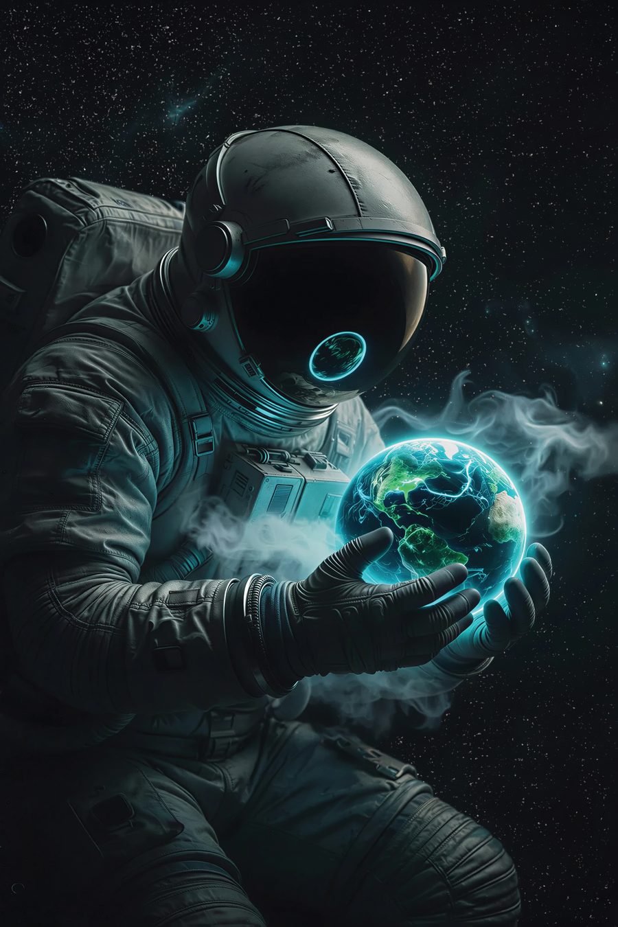 The Embrace — giant astronaut cradling a tiny glowing planet